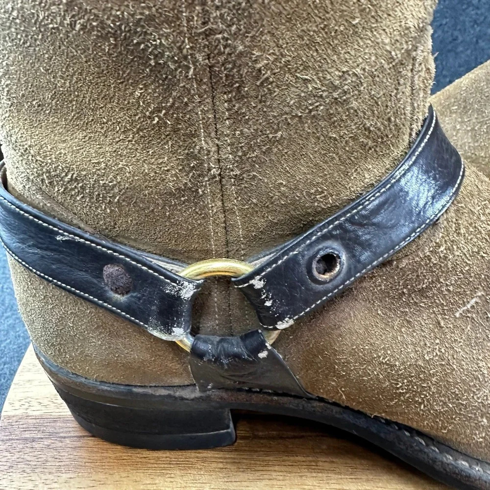 Vintage 1970s Mens Tan Suede Harness Boots Square Toe Brown Leather Straps 9.5 - Picture 11 of 12